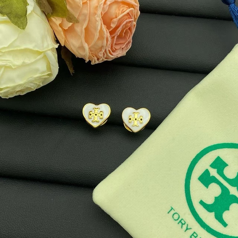 Tory Burch White Enamel Heart Logo Stud Earrings Gold Tone